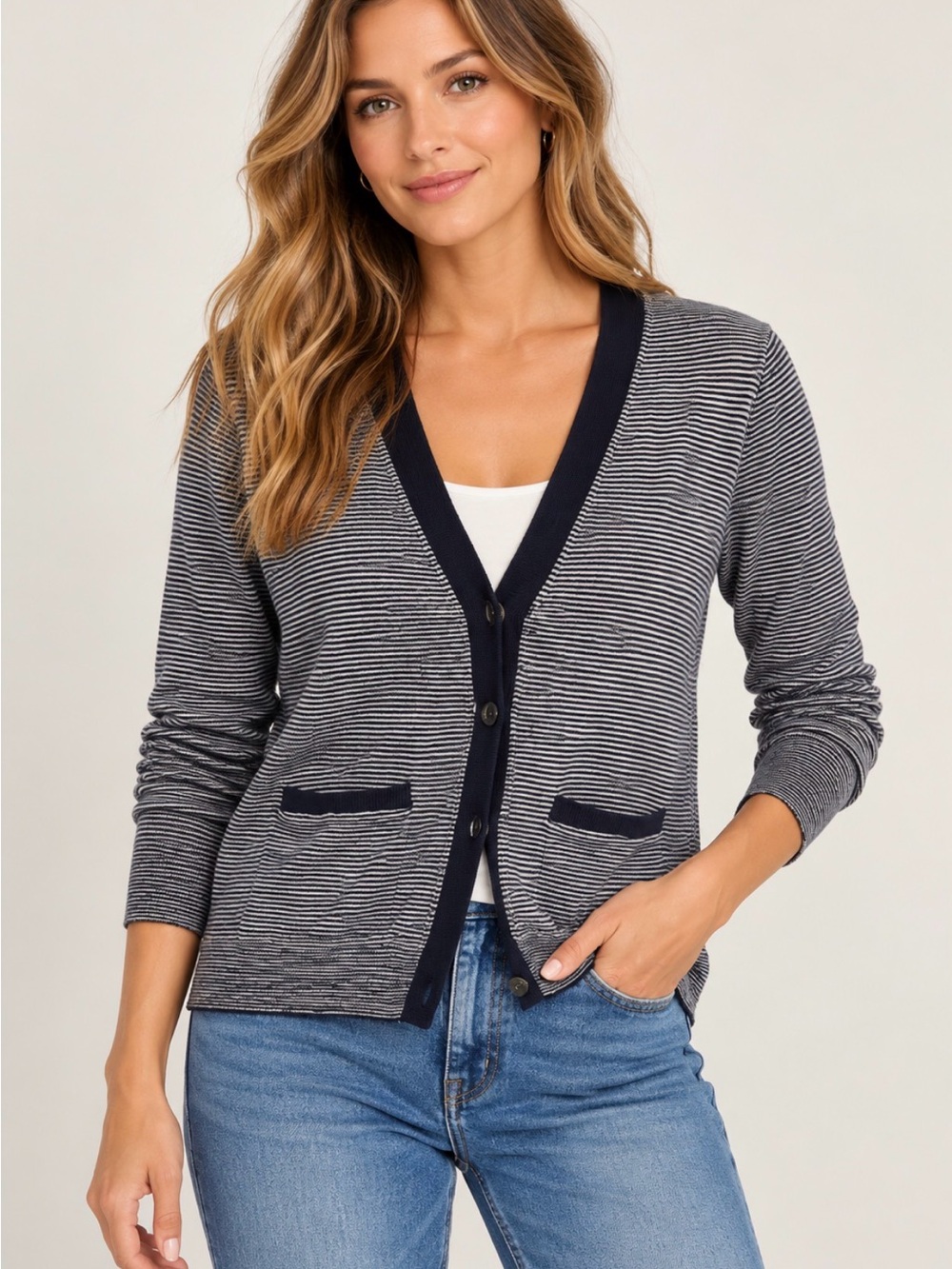 J.Crew 100% Merino Wool Navy White Striped V-Neck Cardigan XL